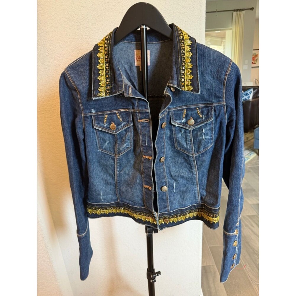 Candie's Embellished Denim Jacket Cropped Dark Wash Embroired Sequin Boho L